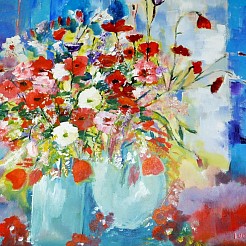 Vaas met klaprozen  en tulpen geschilderd door 