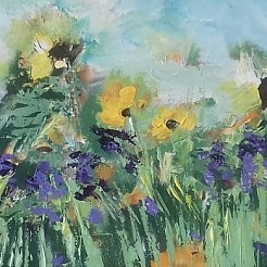 Zonnebloemen en lavendel geschilderd door 