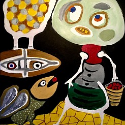 Boy with sheep and bird geschilderd door 